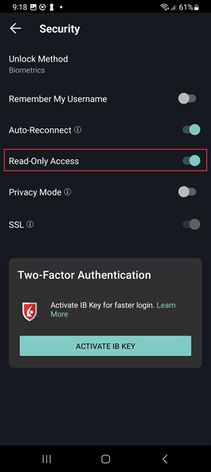 The account menu security on the Android Phone